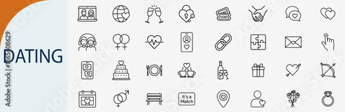 Collection of outline dating icons showing various symbols related to romance, love and relationship