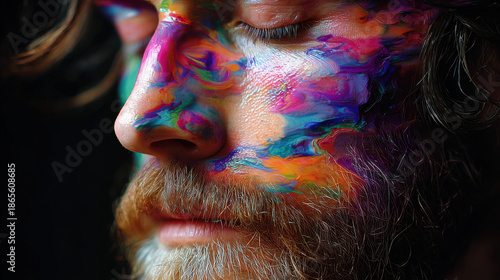 Man in virtual chaos artwork displays vibrant colors on his face creating mesmerizing visual experience that captivates viewer