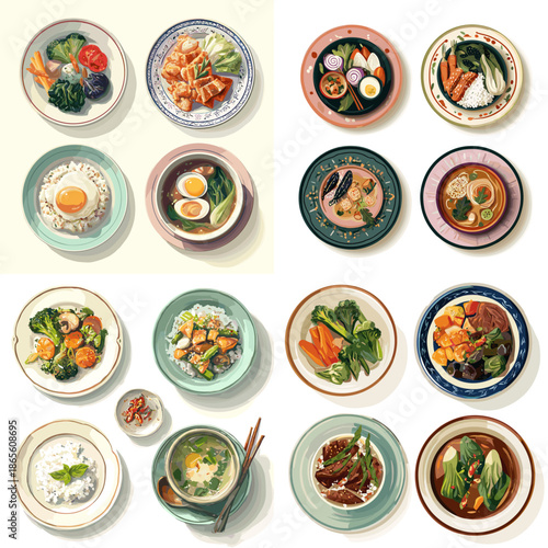 Top view Asian meal assortment featuring soups rice and side dishes in decorative bowls. Warm tones and neat layout perfect for menu templates and food marketing visuals.