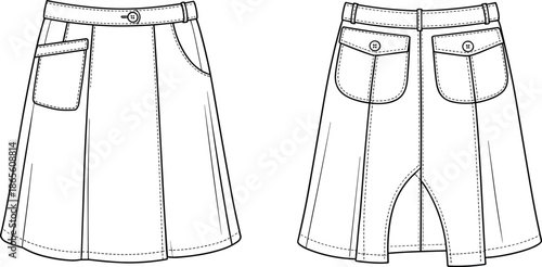 Cad drawing flat vector illustration, pleated skirt fashion template, garment sketch, apparel