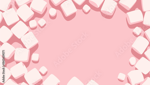 Top view of fluffy white marshmallows arranged as a messy border frame on a pastel pink background, creating a sweet flat lay composition with central copy space for Valentine's Day or candy concepts