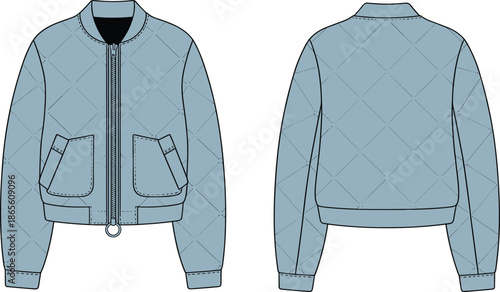 Cad drawing flat vector illustration, quilted bomber jacket sketch, fashion design template, garment construction outline, front back view apparel design