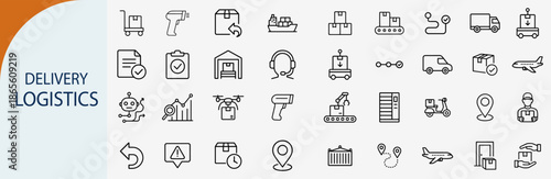 Delivery and Logistics Icons set - a comprehensive illustration with various transport-related symbols. It showcases a range of delivery and logistics icons.