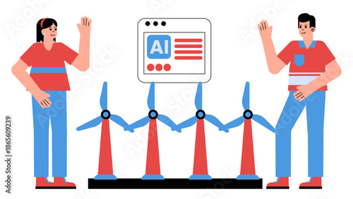 Flat vector illustration showing artificial intelligence optimizing offshore wind farm layout for maximum renewable energy efficiency