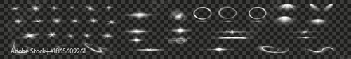 Various light effects on a transparent background. They have the form of symmetrical rays, reminiscent of twinkling stars. For decorating dynamic scenes or adding movement.