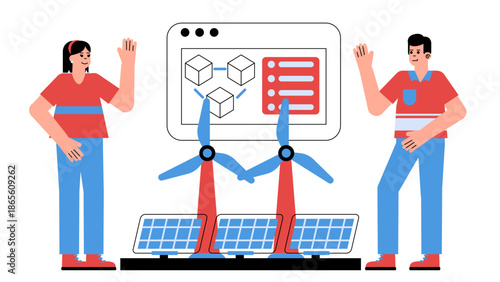 Flat vector illustration of blockchain technology tracking renewable energy certificates for transparent clean energy trading