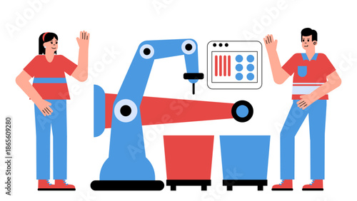 Flat vector illustration of robotic systems recycling wind turbine blades for sustainable material recovery