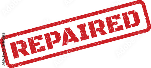 Distressed red rectangular graphic element with the word REPAIRED, indicating successful completion of service work