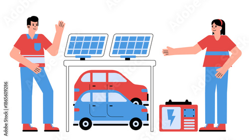 Flat vector illustration of a solar carport system providing renewable energy for electric vehicle charging in a modern sustainable environment