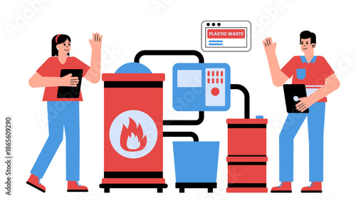 Flat vector illustration of pyrolysis technology converting plastic waste into usable fuel energy