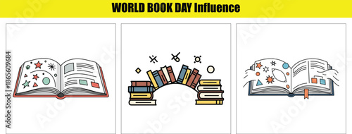 Open books with stars and geometric shapes on World Book Day vector illustration