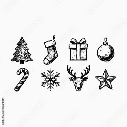 Hand drawn sketch Christmas icons festive ornaments gifts and symbols for holiday season design silhouette