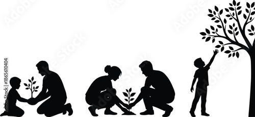 Family planting tree together silhouette showing growth, care, sustainability, generations, environmental responsibility, nature conservation, education concept vector illustration design art