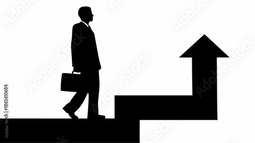 Businessman walking up stairs with briefcase to success