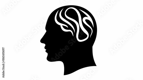 Black silhouette of a human head with swirling white thoughts