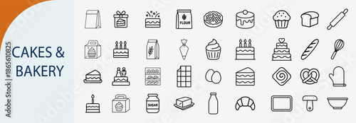A collection of various Cakes & Bakery icons and symbols. A visual representation of baked goods. These icons showcase the essence of baked treats