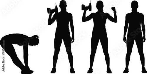 Female fitness silhouettes set exercising with dumbbells stretching workout poses isolated on white background gym training vector illustration