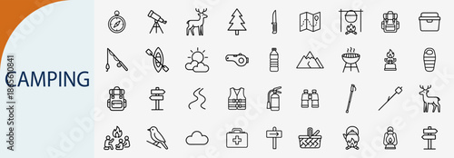 Collection of Camping Icons representing outdoor adventure and travel