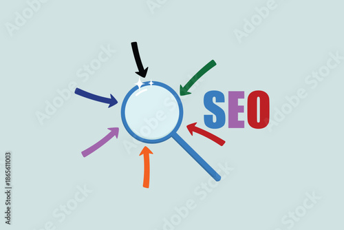 SEO, Search Engine Optimization ranking concept, arrow pointing to a magnifying glass with SEO letter abbreviation, idea to increase traffic to a website.