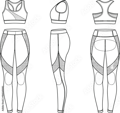 Cad drawing flat vector illustration, sports bra and leggings front side back view, fashion mockup, activewear design template layout