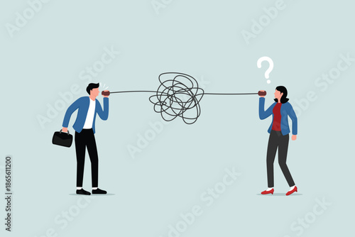 Poor communication creates confusion in work, misconstruing messages and unclear information concepts, businesspeople talking in the middle of chaos, tangled telephone lines leaving others confused.
