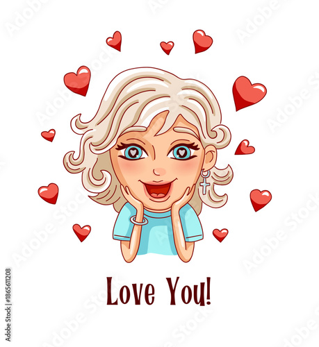 Fall in love female person. Love you card. Vector illustration.