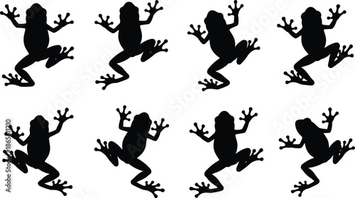 Frog silhouette jumping poses collection, black and white tree frog shapes, amphibian wildlife illustration vector set