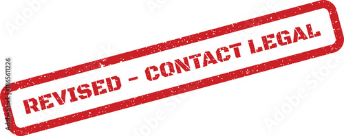 Distressed red rubber stamp indicating a document has been revised and requires legal consultation