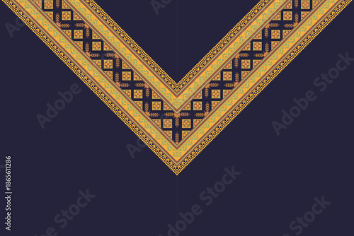 Ethnic cross stitch pattern. Ethnic neckline embroidery design. Vector geometric neckline traditional stitch pattern. Textile collar shirts fashion. Ethnic cloth ornaments elegant pixel art style.