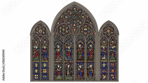 Ornate Gothic Stained Glass Window with Figures.
