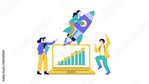 Successful team celebrating a product launch with a rocket flying over a laptop displaying a growing data chart symbolizing fast business growth and success