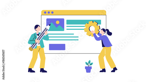 A professional man holding a giant pencil and a woman holding a gear working together to build and optimize a website layout on a digital browser interface