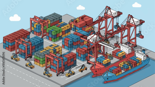 Container Ship Loading and Unloading at Port with Cranes and Trucks.