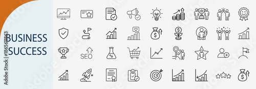 A collection of icons related to business success, each representing a different aspect of achieving goals. The icons include items like charts, graphs, and currency.