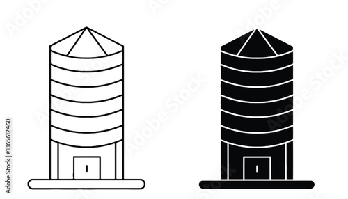 A simple black and white illustration of two grain silos side by side