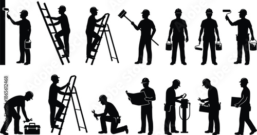 Collection of black silhouettes of construction workers, professional painters, and technicians with tools and ladders for building and home renovation projects
