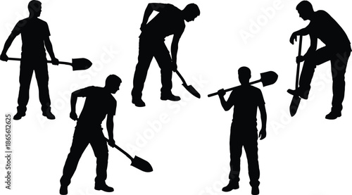 Set of Male Construction Worker Silhouettes Digging and Working with Shovels Representing Manual Labor Industrial Jobs Landscaping Services and Building Site Activities