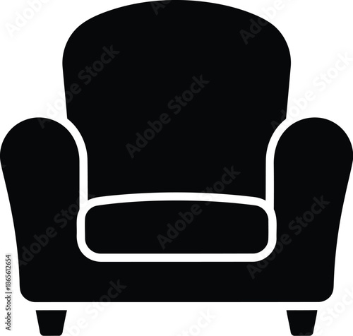 Black and white icon of an armchair or single sofa chair, simple silhouette design for furniture or interior decoration concepts, isolated on transparent background