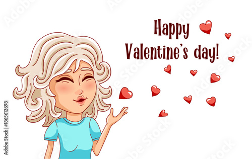 Female person sends air kiss. Happy Valentine's day. Vector illustration.