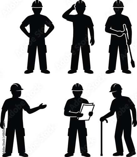 Vector silhouettes of diverse construction workers and industrial staff including a foreman with a clipboard and an elderly retired laborer