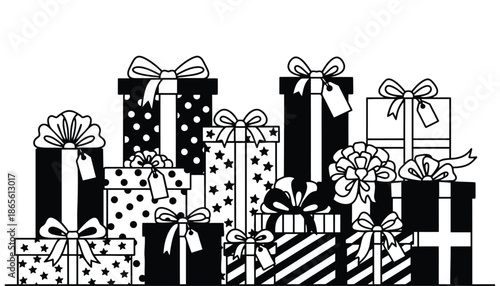 A collection of elegantly wrapped gifts in various patterns and designs.