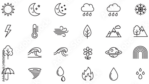 Clean weather and natural environment icon set including sun rain clouds and ecological symbols for meteorological reports environmental science and sustainable business branding.