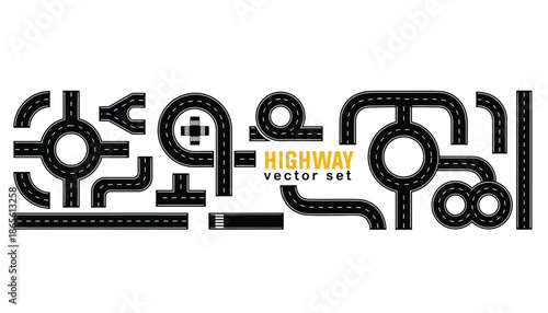 A set of black highway road vector graphics on a white background