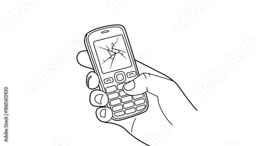 A hand holding a broken cell phone with a cracked screen