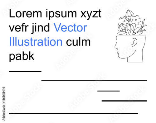 Creativity, mindfulness, mental health, growth, self-improvement, personal development. Head outline filled with blooming flowers. Creativity and mindfulness conceptual are illustrated