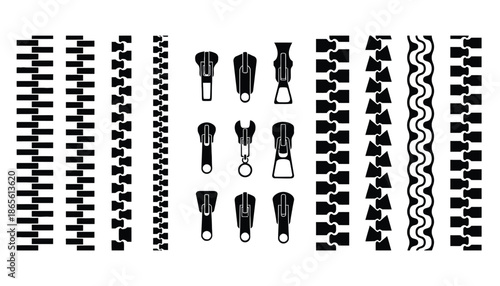 A collection of various zipper and pattern designs on a white background