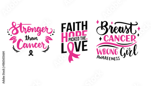 Breast cancer awareness typography with pink and black text on white background