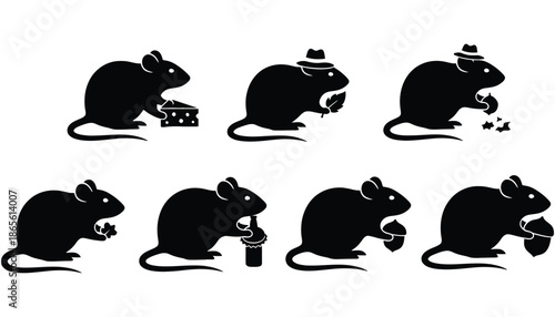 A group of black silhouette mice in various poses and activities