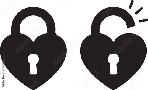 Black isolated icon of locked and unlocked heart shape lock on white background. Set of Silhouette of locked and unlocked heart shape lock. Flat design