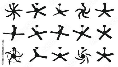 A collection of various black ceiling fan designs on a white background